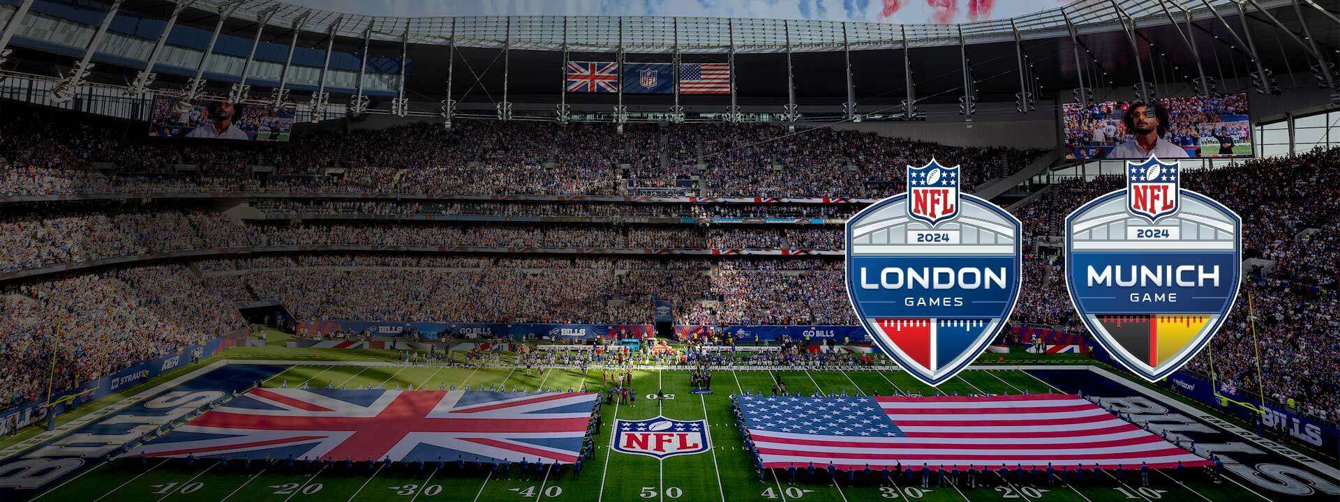 tottenham stadium during nfl game with london and munich logos